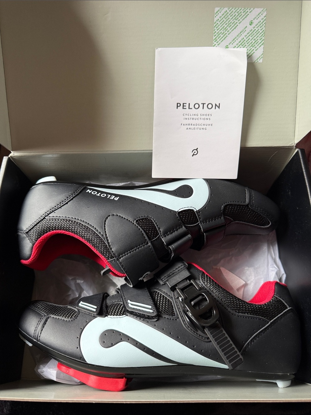 Peloton Black Cycling Shoes with white Accents and Red Lining, size 44
